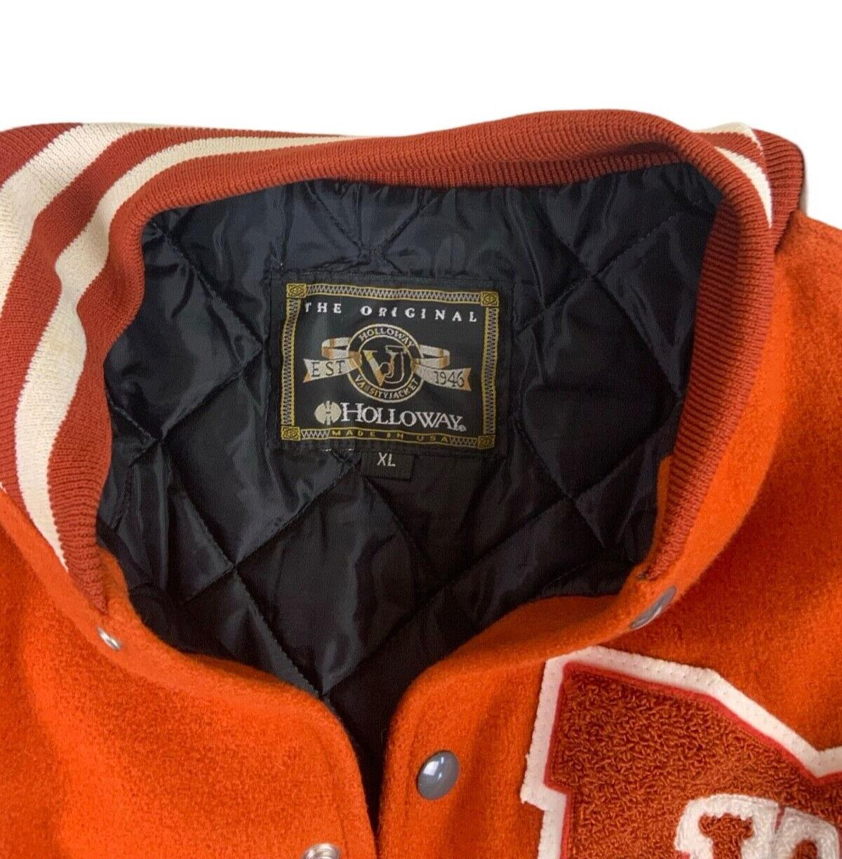 VTG USA HOLLOWAY ORANGE WOOL VARSITY JACKET QUILT LINED KYLE ROCKABILLY XL 48”