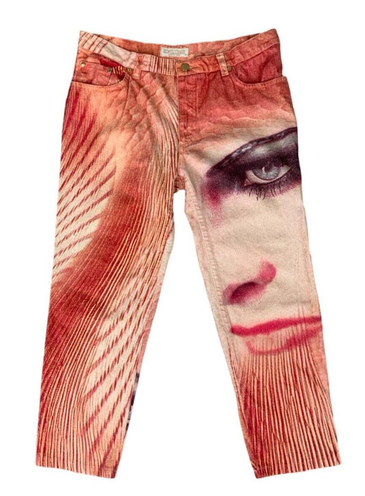 VTG Y2K 2001 ROBERTO CAVALLI RUNWAY LIZ TAYLOR FACE PRINT CROPPED JEANS M 12 14