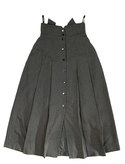 VTG 80s 90S GREY GREEN PLEATED BUTTON UP DUNGAREE MIDI SKIRT  10