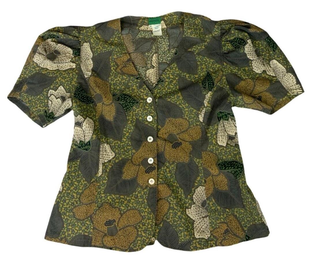 VTG KENZO PARIS GREEN FLORAL PRINT PUFF SLEEVE V NECK BUTTON UP BLOUSE SIZE S/M