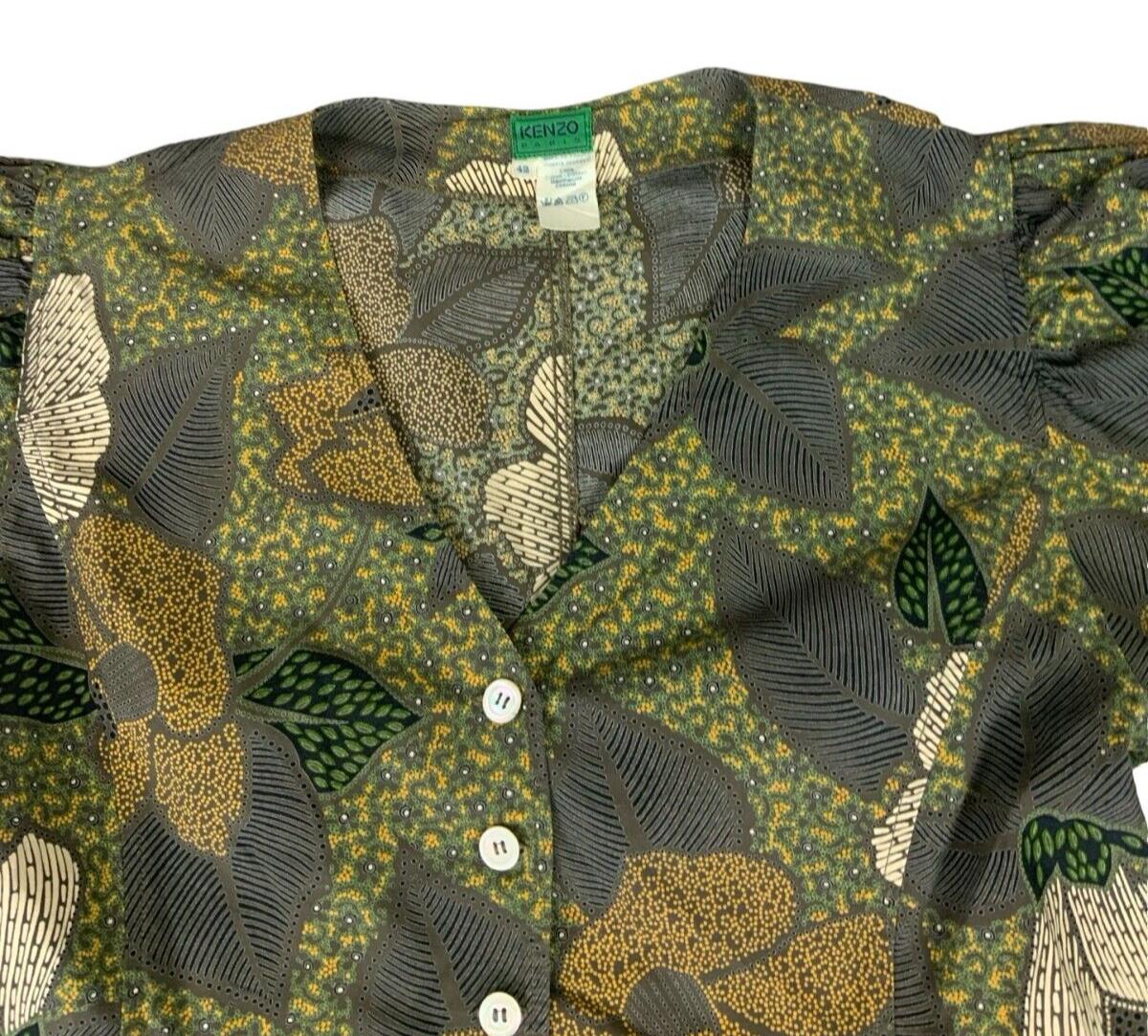 VTG KENZO PARIS GREEN FLORAL PRINT PUFF SLEEVE V NECK BUTTON UP BLOUSE SIZE S/M