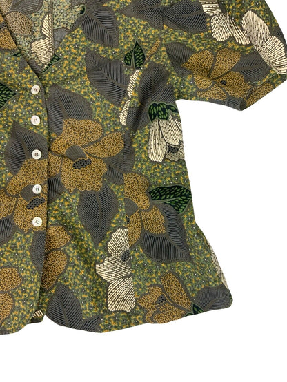 VTG KENZO PARIS GREEN FLORAL PRINT PUFF SLEEVE V NECK BUTTON UP BLOUSE SIZE S/M