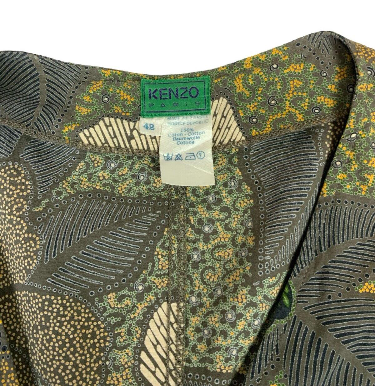 VTG KENZO PARIS GREEN FLORAL PRINT PUFF SLEEVE V NECK BUTTON UP BLOUSE SIZE S/M