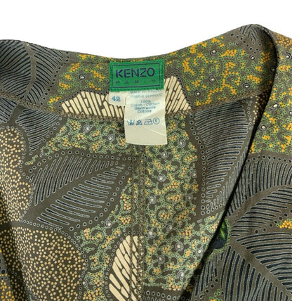 VTG KENZO PARIS GREEN FLORAL PRINT PUFF SLEEVE V NECK BUTTON UP BLOUSE SIZE S/M