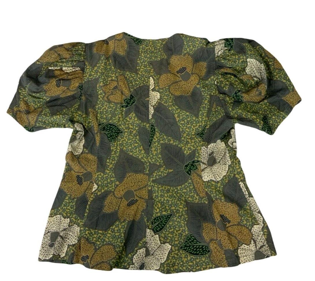 VTG KENZO PARIS GREEN FLORAL PRINT PUFF SLEEVE V NECK BUTTON UP BLOUSE SIZE S/M