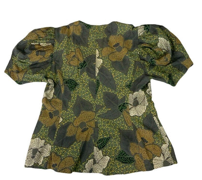 VTG KENZO PARIS GREEN FLORAL PRINT PUFF SLEEVE V NECK BUTTON UP BLOUSE SIZE S/M