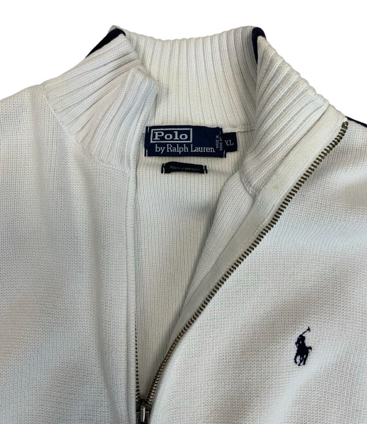 VTG 80s 90s POLO RALPH LAUREN WHITE DOUBLE ZIP UP COTTON KNIT JUMPER SIZE XL