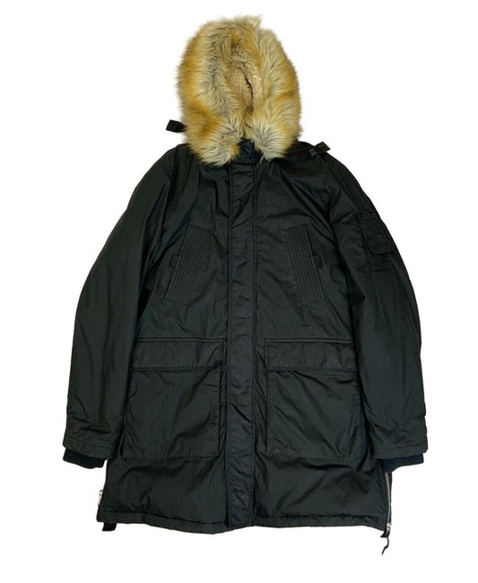 VTG Y2K 00s DIESEL BLACK FAUX FUR HOOD PARKA JACKET SIZE XL