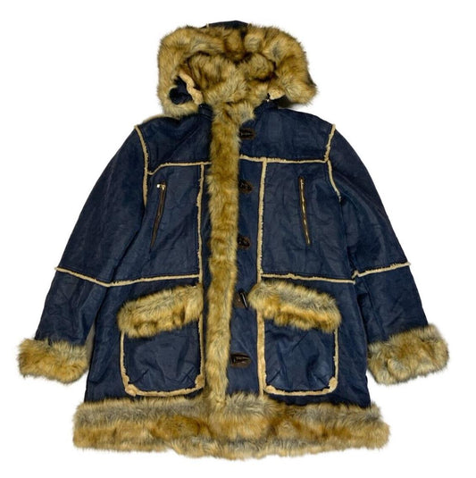 NWT JORDAN CRAIG NAVY BLUE FAUX FUR VEGAN LEATHER HOODED DUFFLE COAT 4XL