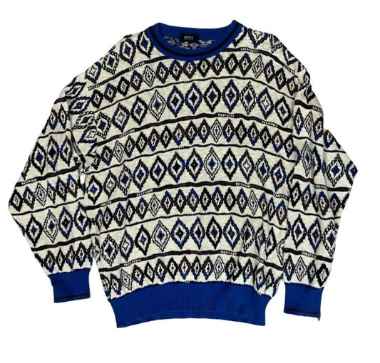 VTG 80s 90s HUGO BOSS WHITE BLUE DIAMOND CREW NECK KNIT JUMPER SIZE XL