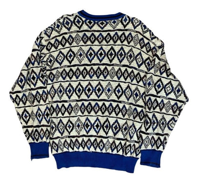 VTG 80s 90s HUGO BOSS WHITE BLUE DIAMOND CREW NECK KNIT JUMPER SIZE XL