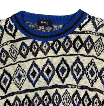 VTG 80s 90s HUGO BOSS WHITE BLUE DIAMOND CREW NECK KNIT JUMPER SIZE XL