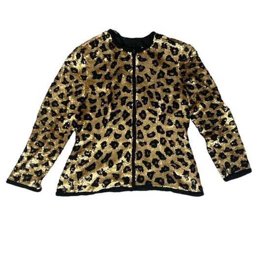 VTG 80s ANIMAL LEOPARD PRINT SEQUIN FITTED PARTY BOLERO JACKET M 12