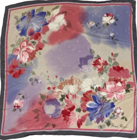 VTG 80s 90s NINA RICCI PINK PURPLE FLORAL WATERCOLOUR SQUARE SILK SCARF