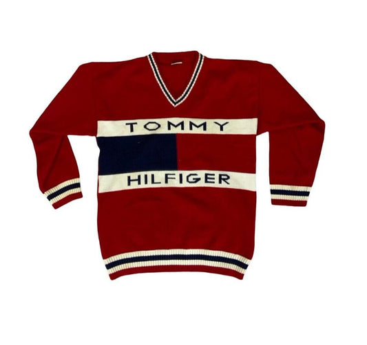 VTG 80s 90s TOMMY HILFIGER RED CHUNKY KNIT V NECK LOGO JUMPER SIZE L
