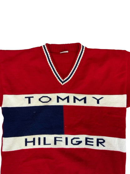 VTG 80s 90s TOMMY HILFIGER RED CHUNKY KNIT V NECK LOGO JUMPER SIZE L