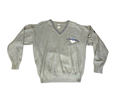 VTG 80s PUMA GREY PURPLE V NECK LOGO KNIT JUMPER SIZE XL