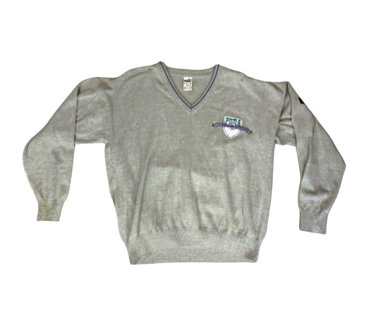 VTG 80s PUMA GREY PURPLE V NECK LOGO KNIT JUMPER SIZE XL