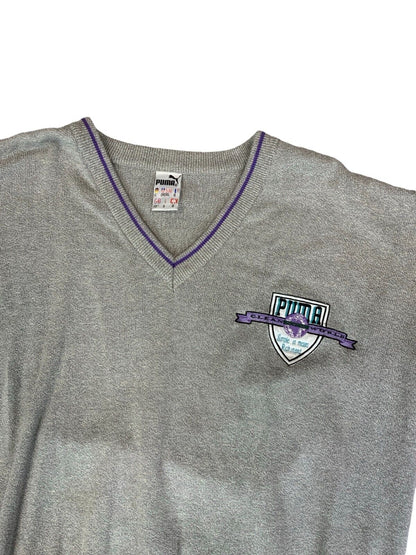 VTG 80s PUMA GREY PURPLE V NECK LOGO KNIT JUMPER SIZE XL