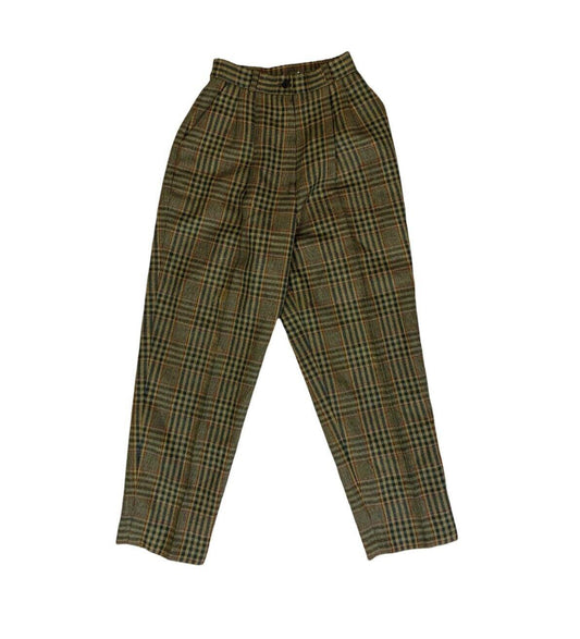 VTG 80s 90s DIOR HIGH WAISTED GREEN CHECK PLAID WIDE TAPERED TROUSERS XS