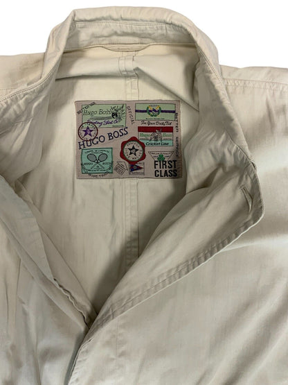 VTG 80s 90s HUGO BOSS BIEGE CREAM BUTTON UP TRENCH COAT MAC SIZE L