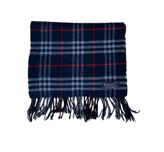 VTG 80s BURBERRYS NAVY BLUE RED NOVA CHECK LAMBSWOOL SCARF
