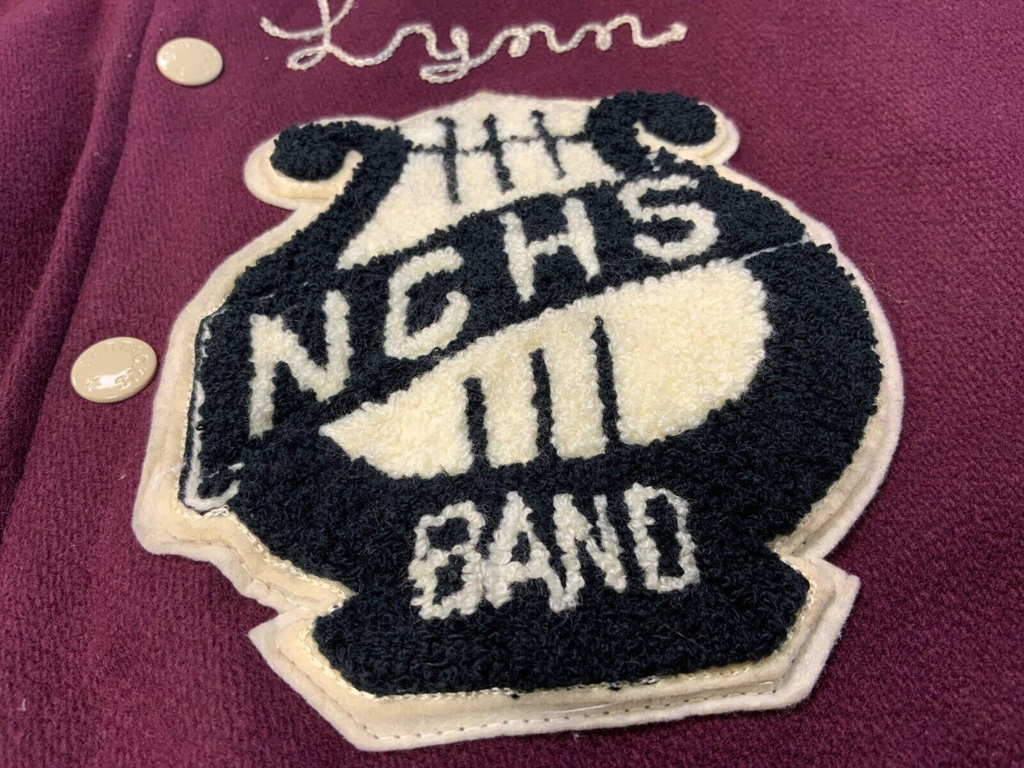 VTG 90s USA BARTACKS NCHS BAND LYNN WOOL VARSITY JACKET CHENILLE PATCH M 40”