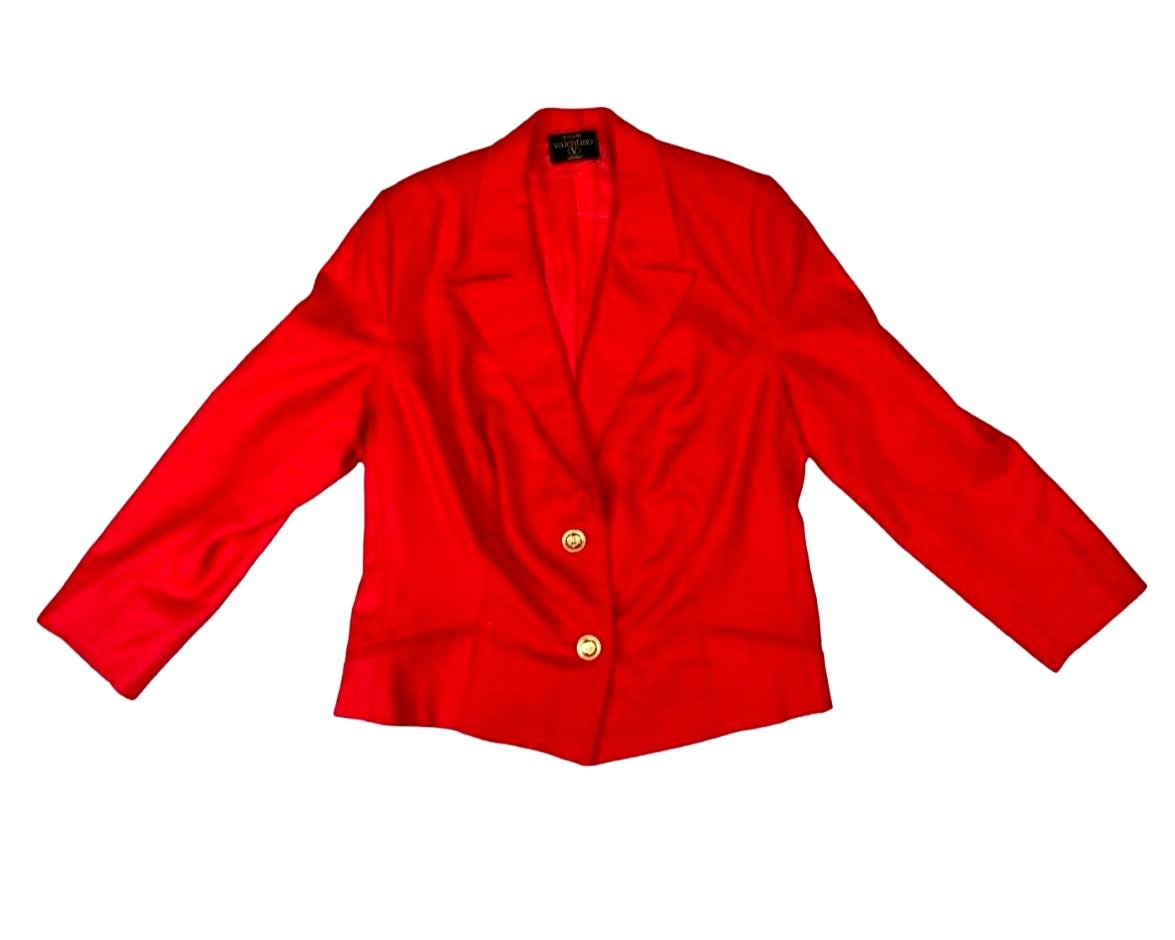 VTG 80s VALENTINO RED BLAZER FITTED GOLD BUTTON JACKET SIZE M-L 12 14 16