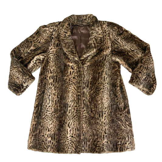 VTG 80s LEOPARD ANIMAL PRINT BROWN BLACK FAUX FUR SWING COAT SIZE L