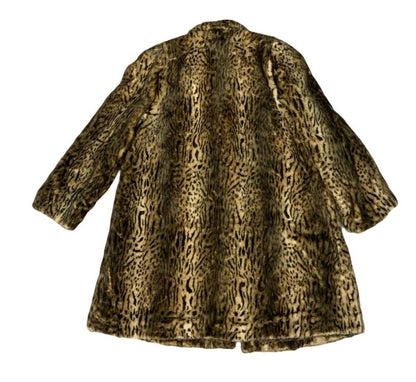 VTG 80s LEOPARD ANIMAL PRINT BROWN BLACK FAUX FUR SWING COAT SIZE L