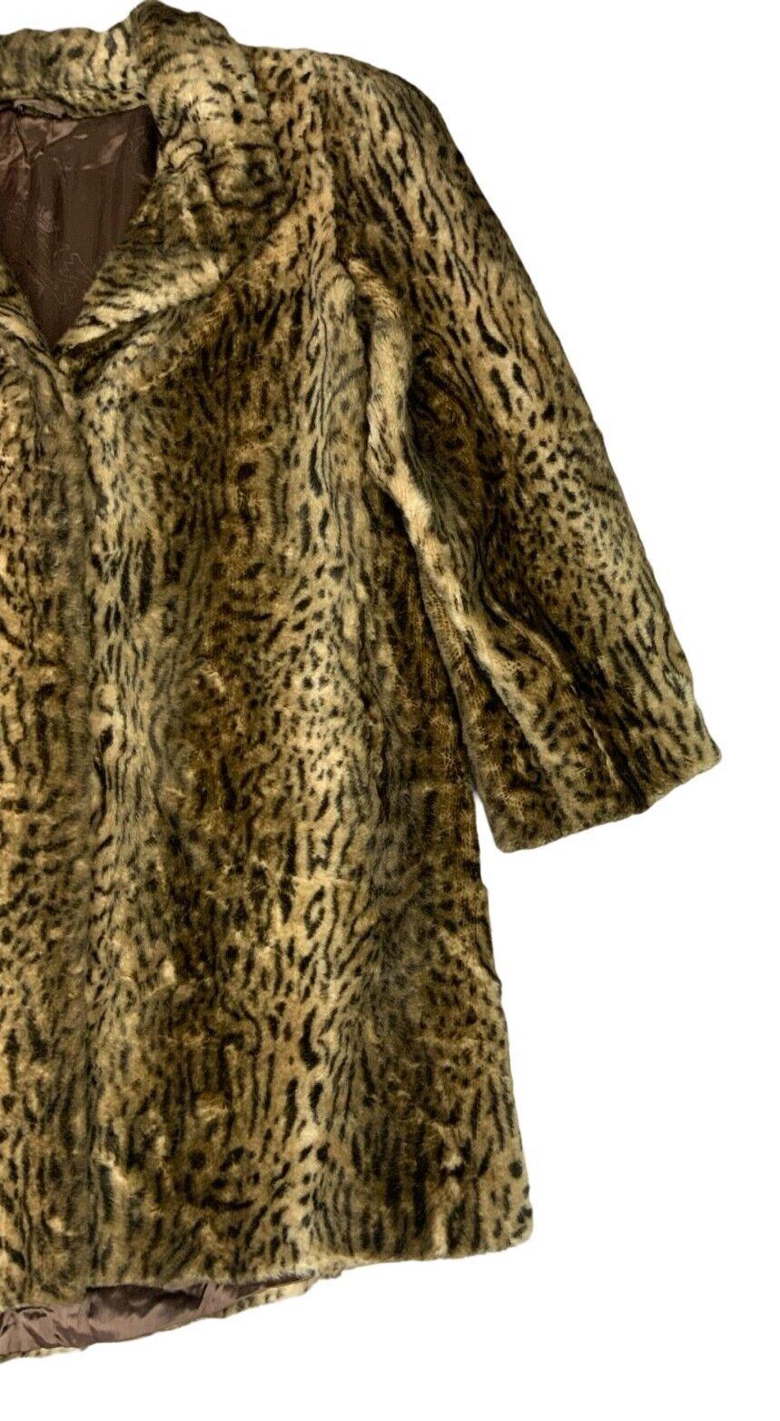 VTG 80s LEOPARD ANIMAL PRINT BROWN BLACK FAUX FUR SWING COAT SIZE L