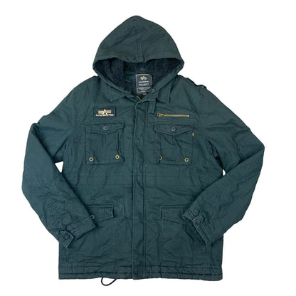 VTG MENS BLACK ALPHA INDUSTRIES FLEECE LINED COTTON PARKA COAT MILITARY XL 46”