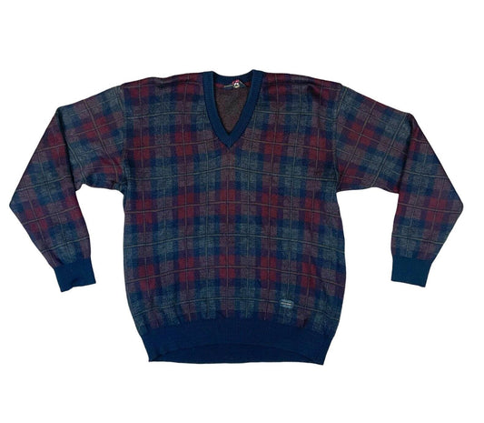 VTG 80s PAUL & SHARK NAVY BLUE RED CHECK V NECK KNIT PURE WOOL JUMPER SIZE L