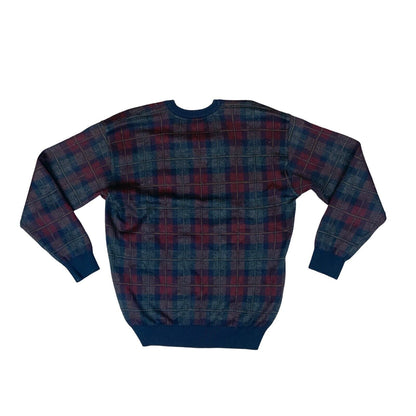VTG 80s PAUL & SHARK NAVY BLUE RED CHECK V NECK KNIT PURE WOOL JUMPER SIZE L