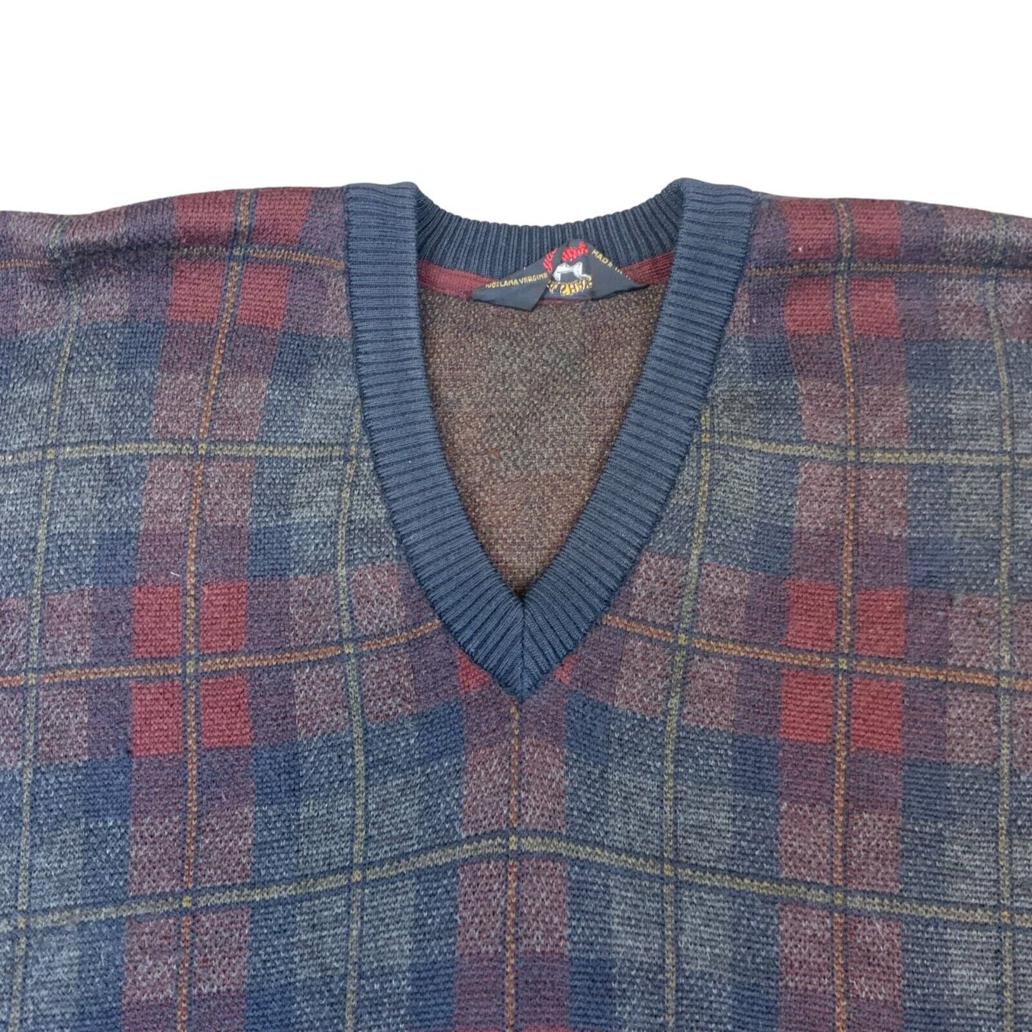VTG 80s PAUL & SHARK NAVY BLUE RED CHECK V NECK KNIT PURE WOOL JUMPER SIZE L