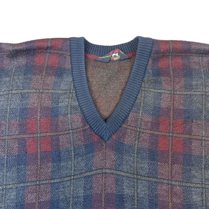 VTG 80s PAUL & SHARK NAVY BLUE RED CHECK V NECK KNIT PURE WOOL JUMPER SIZE L