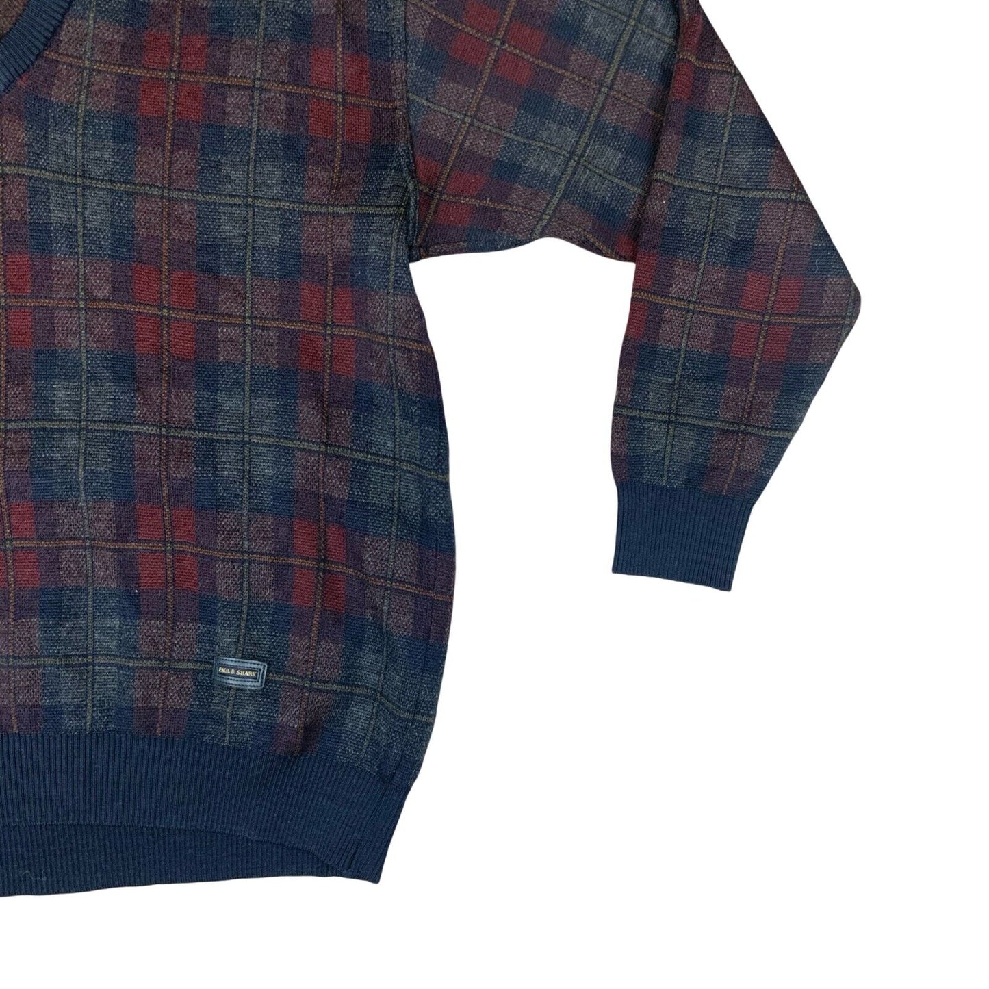 VTG 80s PAUL & SHARK NAVY BLUE RED CHECK V NECK KNIT PURE WOOL JUMPER SIZE L