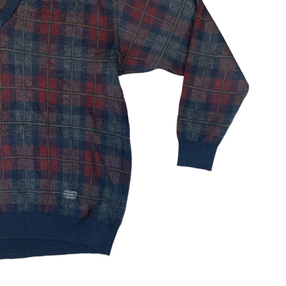 VTG 80s PAUL & SHARK NAVY BLUE RED CHECK V NECK KNIT PURE WOOL JUMPER SIZE L