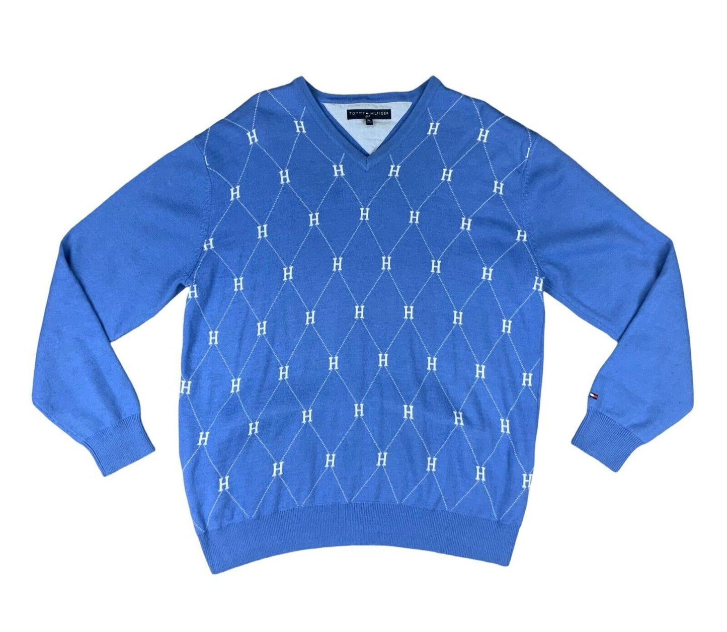 VTG 00s TOMMY HILFIGER GOLF BLUE WHITE ALL OVER ARGYLE V NECK KNIT JUMPER L