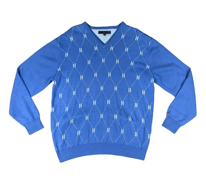 VTG 00s TOMMY HILFIGER GOLF BLUE WHITE ALL OVER ARGYLE V NECK KNIT JUMPER L