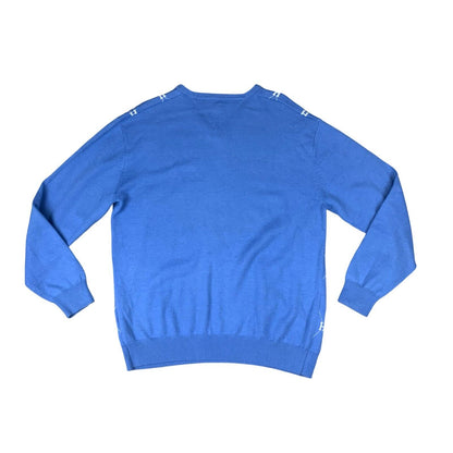 VTG 00s TOMMY HILFIGER GOLF BLUE WHITE ALL OVER ARGYLE V NECK KNIT JUMPER L