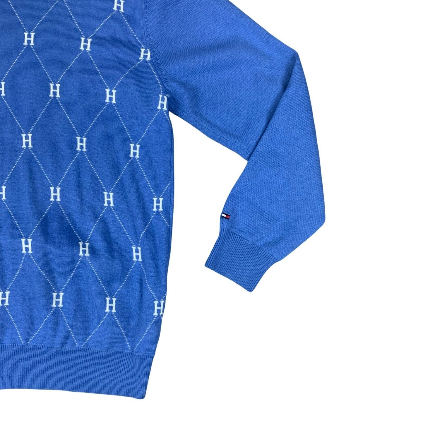 VTG 00s TOMMY HILFIGER GOLF BLUE WHITE ALL OVER ARGYLE V NECK KNIT JUMPER L