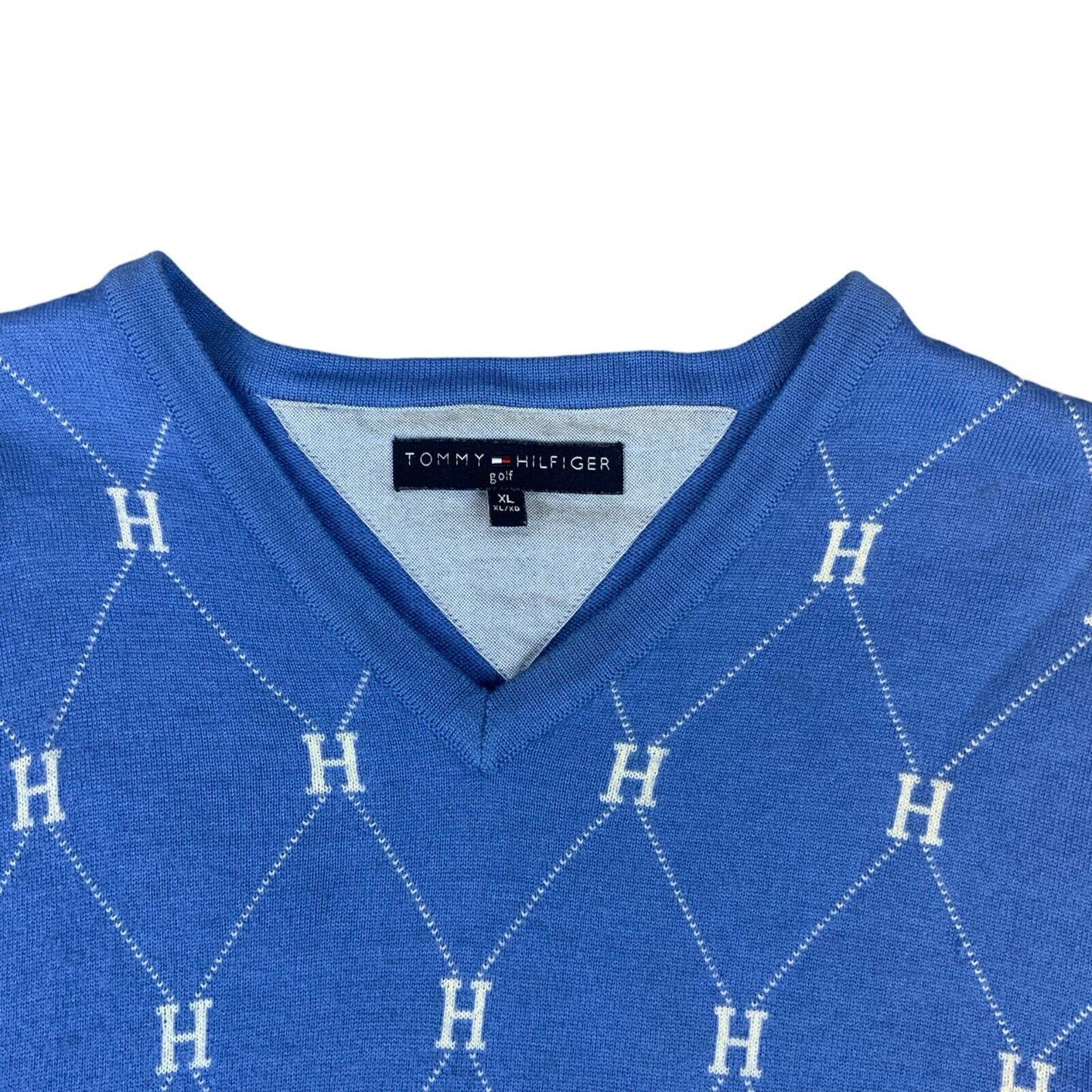VTG 00s TOMMY HILFIGER GOLF BLUE WHITE ALL OVER ARGYLE V NECK KNIT JUMPER L