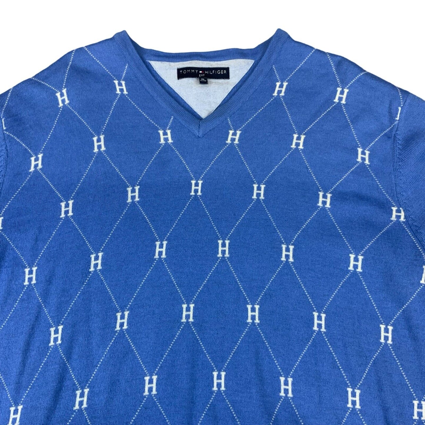VTG 00s TOMMY HILFIGER GOLF BLUE WHITE ALL OVER ARGYLE V NECK KNIT JUMPER L