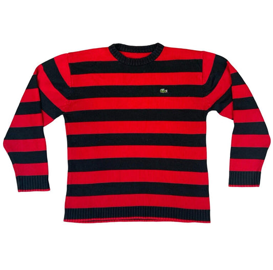 VTG 80s LACOSTE RED BLACK STRIPED CREW NECK KNIT JUMPER SIZE L