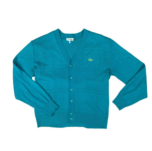 VTG 80s LACOSTE TURQUOISE V NECK BUTTON UP LOGO TEXTURED CARDIGAN XL