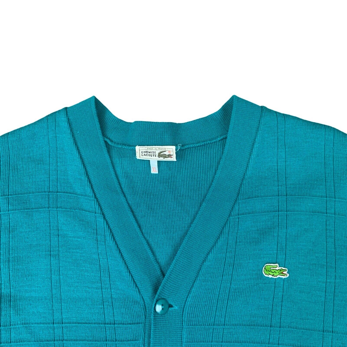 VTG 80s LACOSTE TURQUOISE V NECK BUTTON UP LOGO TEXTURED CARDIGAN XL