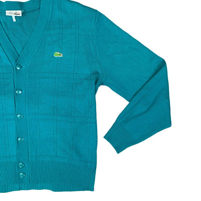 VTG 80s LACOSTE TURQUOISE V NECK BUTTON UP LOGO TEXTURED CARDIGAN XL