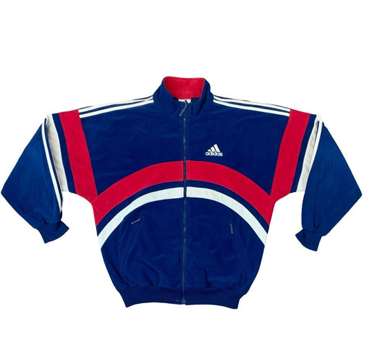 VTG 90s ADIDAS ORIGINALS NAVY BLUE RED ZIP UP FLEECE TRACK JACKET SIZE M