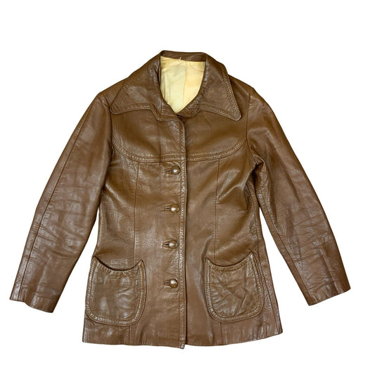 VTG 1970s LADIES SOFT BROWN NAPPA LEATHER JACKET LARGE ROUNDED COLLARS SIZE 8